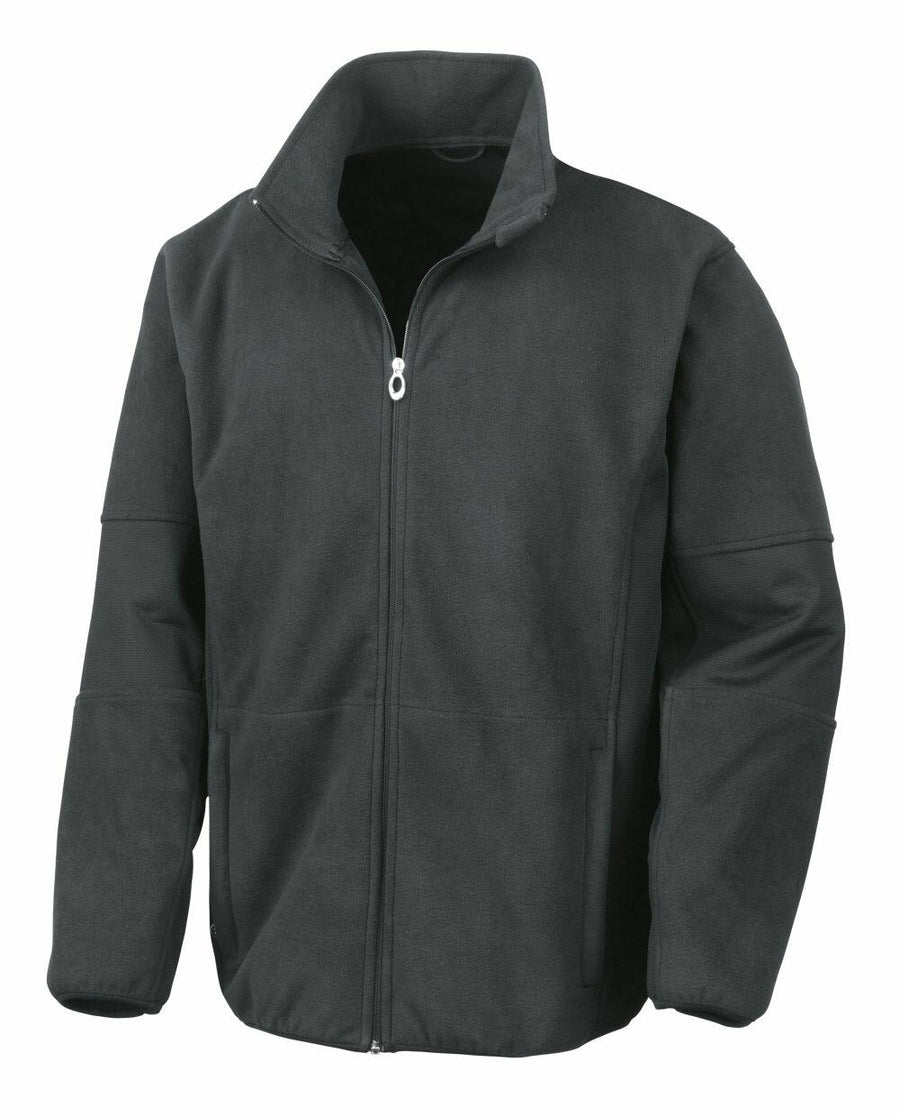 The Result R131M is a fleece jacket in dark green, featuring a zip-up design, high collar, and long sleeves.
