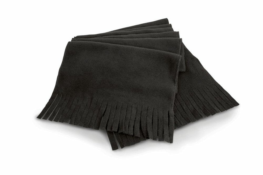 A neatly folded black fringed scarf from Result Winter Essentials, product R143X, displayed on a white background.