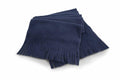 A folded Result Winter Essentials R143X blue scarf with fringed edges on a white background.