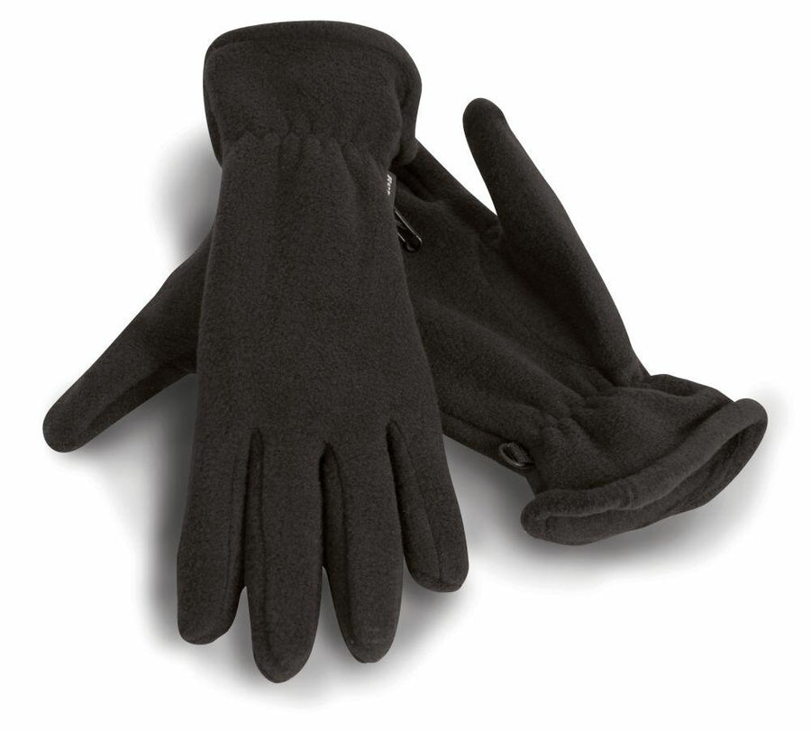 The Result Winter Essentials R144X gloves, in black fleece with an adjustable strap, are shown side by side, with one glove slightly overlapping the other.