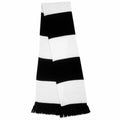 A scarf from Result Winter Essentials, model R146X, features black and white horizontal stripes and fringe at the ends.