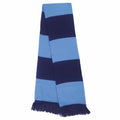 The R146X scarf from Result Winter Essentials showcases alternating wide stripes in light blue and dark blue, complete with fringe at the ends.