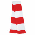 The Result Winter Essentials R146X scarf features wide horizontal red and white stripes, complemented by red fringes at the ends.