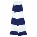 A Result Winter Essentials R146X scarf featuring alternating thick blue and white horizontal stripes, finished with a blue fringe.