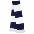 The Result Winter Essentials R146X scarf, showcasing alternating dark blue and white horizontal stripes with fringes at each end, is folded neatly against a plain background.