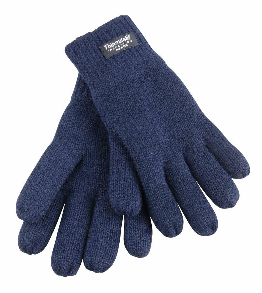 A pair of Result Winter Essentials R147J blue knit gloves with a Thinsulate label.
