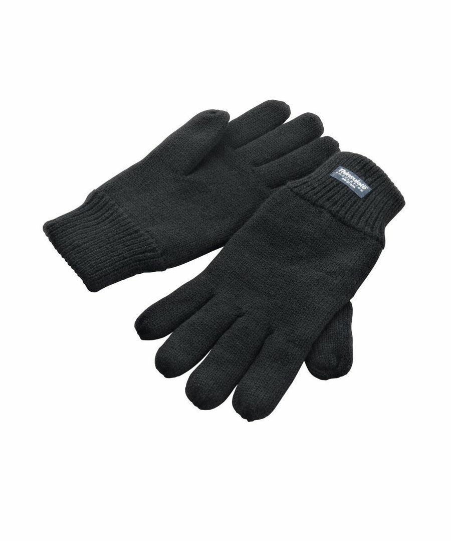 R147X by Result Winter Essentials are black knitted gloves featuring a small label on the cuff of one glove, set against a white background.
