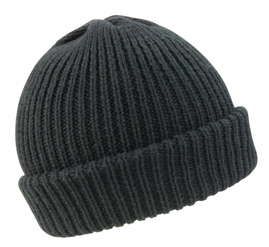The R159X beanie from Result Winter Essentials, featuring a black ribbed knit design with a folded cuff, is showcased against a white background.