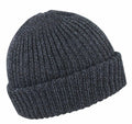 Result Winter Essentials' R159X product is a dark gray ribbed knit beanie featuring a folded brim.
