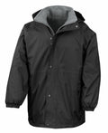 Result's R160A is a black rain jacket with a hood, zip front, snap buttons, elastic cuffs, and a light gray fleece lining.