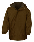 R160A by Result: A brown jacket with a hood, equipped with both zip and button closures, elastic cuffs, and two side pockets.