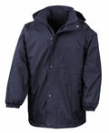 The Result R160A is a navy blue hooded rain jacket featuring a high collar and front zipper shielded by a buttoned flap, with elastic cuffs and two zippered pockets for added convenience. Its straightforward design makes it ideal for wet weather.
