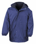 The Result R160A is a blue hooded rain jacket with a front zipper and snap buttons. It includes two front pockets and elastic cuffs, and is showcased against a plain white background.