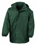 The Result R160J is a dark green hooded rain jacket with a front zipper and snap buttons, featuring elastic cuffs and side pockets.