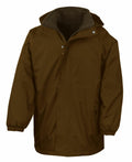 The Result R160J is a brown jacket featuring a hood, zipper and snap closure, elastic cuffs, and a front pocket.