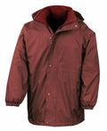 A maroon hooded rain jacket by Result, model R160J, featuring a front zipper with snap buttons. It includes elastic cuffs and side pockets, with a dark lining on the interior.
