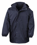 Introducing the Result R160J: a functional dark blue hooded jacket equipped with a zip and snap-button closure. It features two zippered side pockets for convenience and elastic cuffs for a snug fit, combining simplicity with practicality.