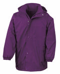 Result's R160J jacket is a purple waterproof coat featuring a hood, elastic cuffs, and zippered front pockets. It includes a full-length zipper with snap closures and sports a simple, utilitarian design.