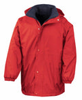 Introducing the Result R160J, a vibrant red rain jacket equipped with a hood and front zipper. It includes elastic cuffs, snap buttons, and is completed with a dark inner lining and two side pockets for added functionality.