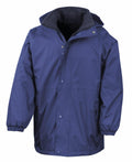 Introducing the R160J jacket by Result: a blue hooded raincoat equipped with a zipper and snap buttons. This stylish outerwear includes two convenient side pockets and elastic cuffs for comfort. The sleek design is showcased against a simple white backdrop.