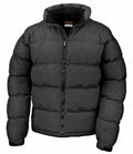 The Result Urban Outdoor R181M is a black puffer jacket featuring a front zipper and a hood.