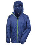 The Result Urban Outdoor R189X rain jacket is featured in blue, showcasing a hood and a green zipper. Its lightweight, water-resistant material makes it ideal for outdoor activities.