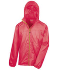 The R189X by Result Urban Outdoor is a vibrant pink hooded windbreaker jacket featuring a zip-up front and elastic cuffs. It includes a striking lime green zipper and is designed to be lightweight, making it perfect for outdoor activities.