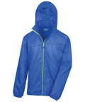 The Result Urban Outdoor R189X is a vibrant bright blue hooded windbreaker featuring a full front zipper and long sleeves. The zipper is highlighted with a light green line, providing an eye-catching contrast to the jacket.