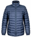 A blue, puffer jacket with a high collar, front zipper, and two zipped pockets is displayed. The Result R192F appears to be made of quilted, insulated material.