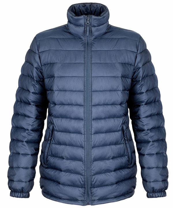 A blue, puffer jacket with a high collar, front zipper, and two zipped pockets is displayed. The Result R192F appears to be made of quilted, insulated material.