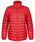 Introducing the Result Urban Outdoor R192F, a vibrant red puffer jacket designed with a high collar and full-length sleeves. It features a front zipper closure and two side pockets, offering both functionality and style. The jacket's quilted design ensures warmth while maintaining an on-trend look.