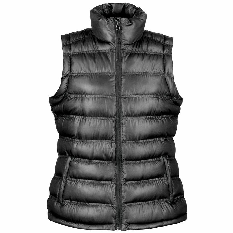 A black quilted puffer vest featuring a high collar and front zipper closure, called the R193F, from Result Urban Outdoor.