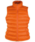 The Result Urban Outdoor R193F is an orange, sleeveless puffer vest designed for warmth. It boasts a high collar, horizontal quilted pattern, front zipper, and two side pockets.
