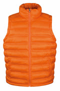 The R193M by Result Urban Outdoor is a high-collar orange puffer vest with a front zipper, featuring horizontal quilted padding for warmth and style.
