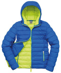 The Result Urban Outdoor R194F puffer jacket, featuring a blue exterior and a lime green interior, is displayed. This jacket includes a hood, front zipper closure, and zippered side pockets.