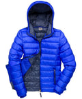 The Result Urban Outdoor R194F is a bright blue puffer jacket with a hood, displayed open to reveal its dark gray lining. It includes a front zipper and zippered pockets.