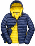 Result Urban Outdoor's R194M reversible puffer jacket features a blue and yellow design, complete with a hood and front zipper.