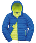 Introducing the R194M by Result Urban Outdoor, a sleek, modern padded jacket in blue with a striking lime green lining and a hood. The jacket is open, showcasing its contrasting interior. It features two side pockets equipped with green zippers for added style.