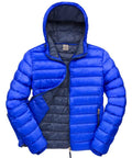 Introducing the R194M by Result Urban Outdoor—a vibrant blue puffer jacket featuring a hood and front zip. The inner lining is gray, visible when partially unzipped. The jacket also includes side pockets and showcases a quilted design for superior insulation.