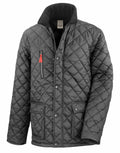 The R196X by Result Urban Outdoor is a gray quilted jacket featuring a high collar, a zippered chest pocket, and two buttoned front pockets.