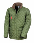 The R196X by Result Urban Outdoor is a green quilted jacket featuring a brown collar, a zippered chest pocket, and two large front pockets.