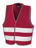 R200J by Result Core, a red safety vest featuring reflective white horizontal stripes and gray edges.