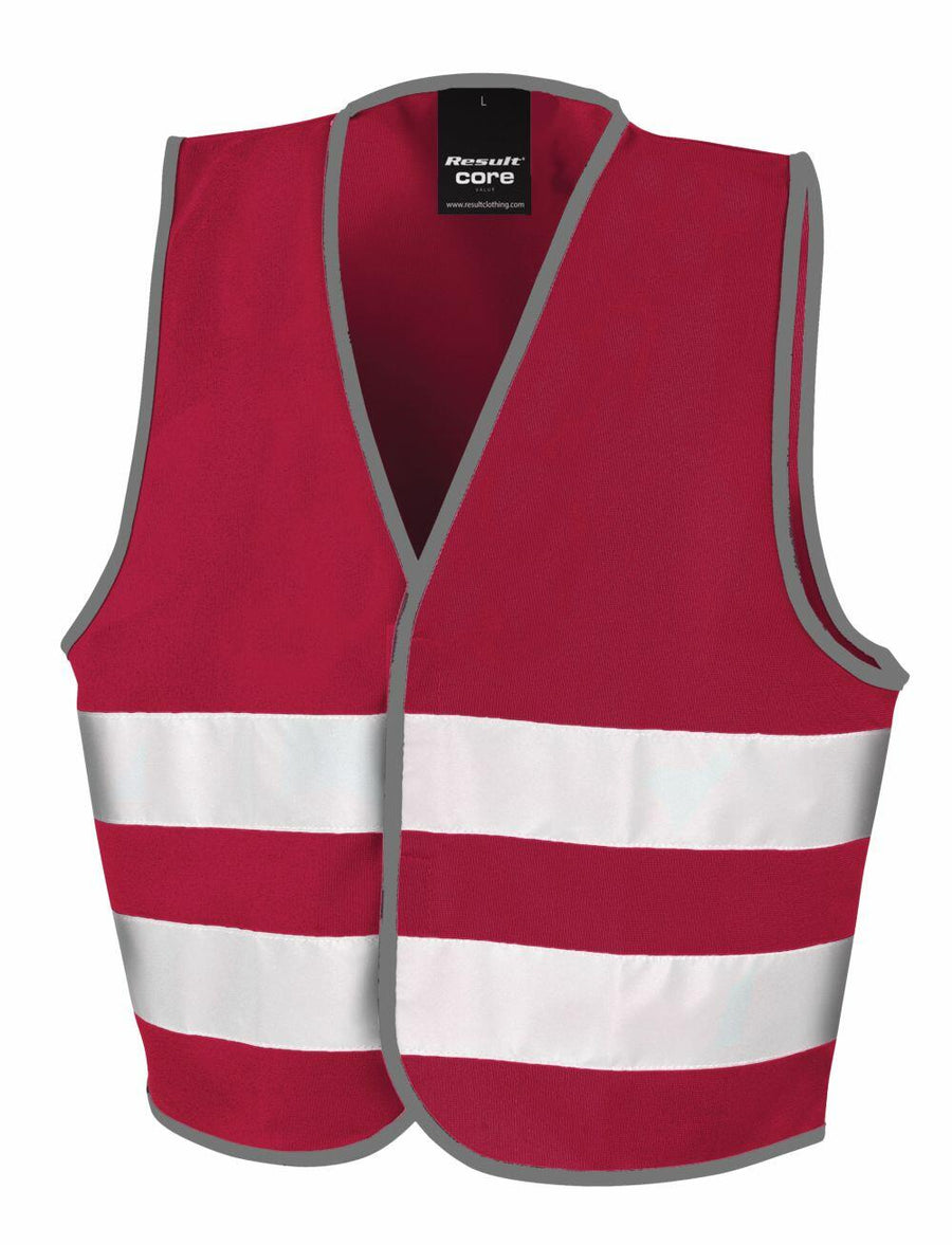 R200J by Result Core, a red safety vest featuring reflective white horizontal stripes and gray edges.