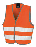 The R200J by Result Core is an orange high-visibility safety vest featuring reflective horizontal stripes and gray trim.