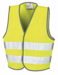 The R200J is a high-visibility safety vest in yellow from Result Core, featuring a sleeveless design with silver reflective stripes.