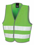 A vibrant green safety vest, identified by the product name R200J from the brand Result Core, features two horizontal reflective white stripes on the front. It is designed as a sleeveless garment with a V-shaped neckline and gray edging.