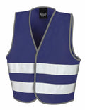 A blue R200J safety vest by Result Core, featuring two horizontal silver reflective stripes and a black label with white text on the inside collar area.