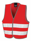 Featuring a vivid red color, the R200J is a safety vest designed for enhanced visibility with its two horizontal white reflective stripes and gray trim. This product is branded under Result Core.