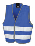 The R200J by Result Core is a blue safety vest that features two horizontal reflective silver stripes across the front. It has a label inside the collar indicating the brand and showcases a sleeveless design with gray edges.
