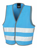 Introducing the Result Core R200J, a high-visibility safety vest in blue, featuring a design with two horizontal reflective silver stripes, gray trim, and a distinctive black label at the neck.